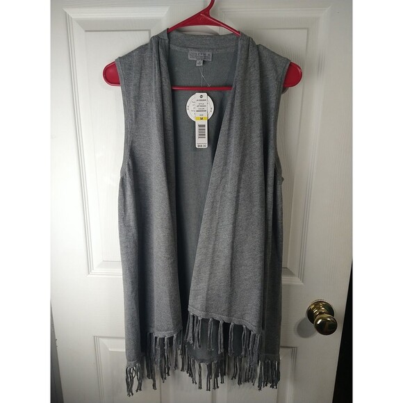 Joseph A. Grey Woman M Sweater Vest Shawl Fringe Open Front Office Casual - Picture 1 of 9